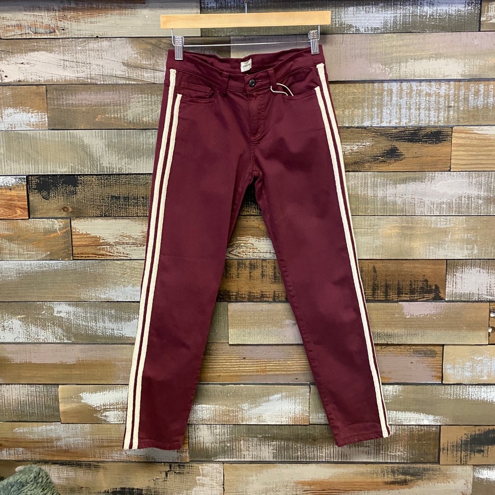 Burgundy side stripe jean
